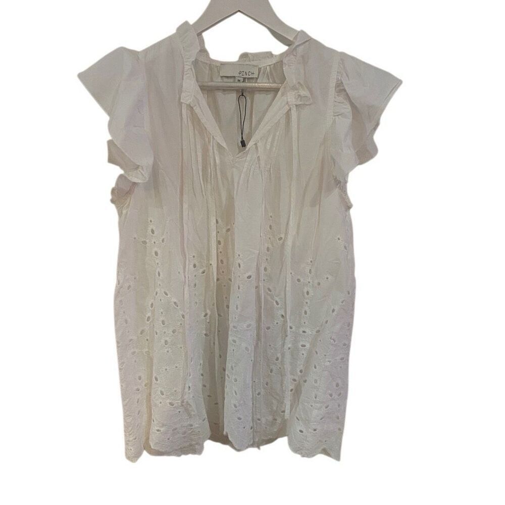 NWOT Pinch medium short flutter sleeve white neck tie blouse